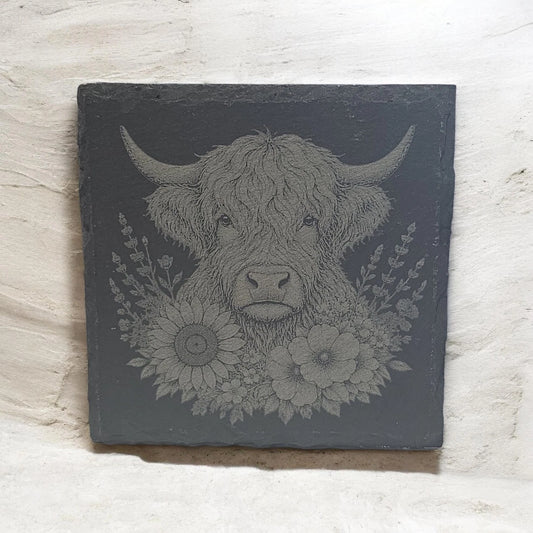 Slate Coasters Custom Highland Cow Laser Engraved by Slate Locker