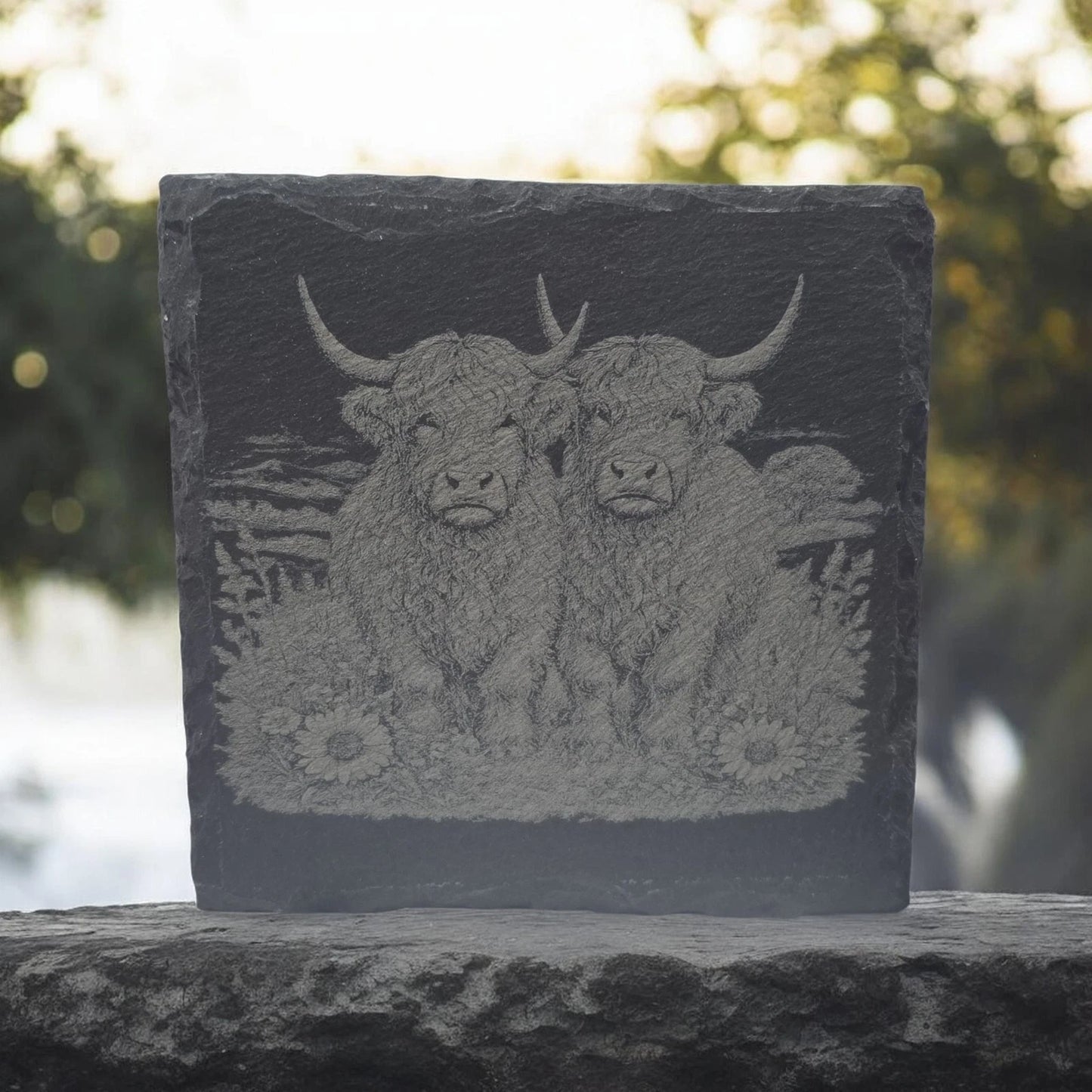 Slate Coasters Custom With Highland Cow Drinks Mat Laser Engraved by Slate Locker