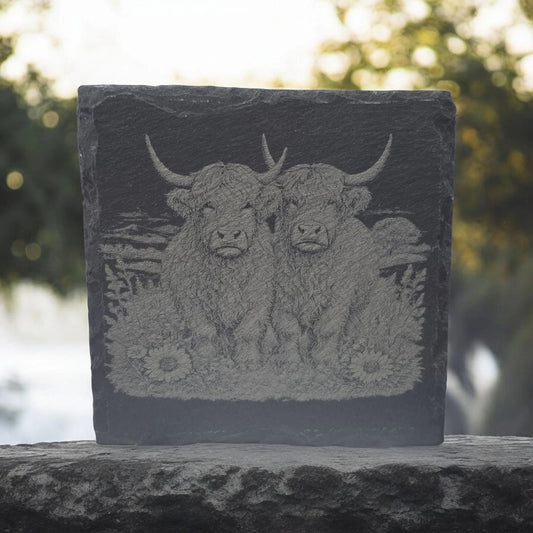 Slate Coasters Custom With Highland Cow Drinks Mat Laser Engraved by Slate Locker