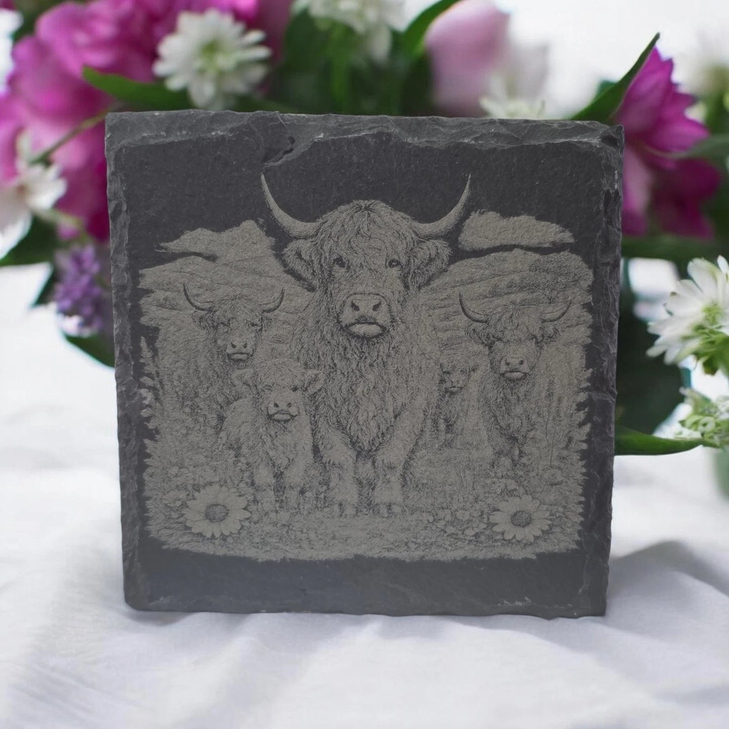 Slate Coasters Custom With Highland Cow Drinks Mat Laser Engraved by Slate Locker